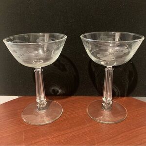 Vintage champagne glasses etched wedding anniversary set of two